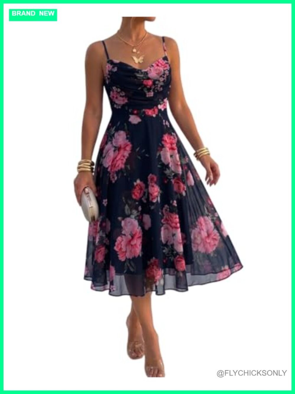 Women's Floral Mesh Midi Dress Cowl Neck Sleeveless A-Line